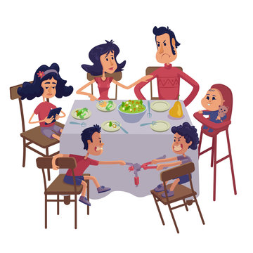 Family together having meal flat cartoon vector illustration. Mom and dad with kids at table. Ready to use 2d character template for commercial, animation, printing design. Isolated comic hero