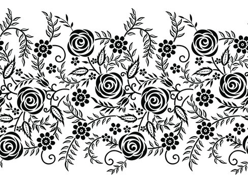 Seamless black and white abstract rose flower border design