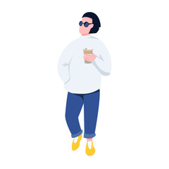 Stylish man with takeaway coffee flat color vector faceless character. Fashionable guy in sunglasses walking with hot drink isolated cartoon illustration for web graphic design and animation