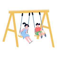 Children on chain swing flat color vector faceless characters. Happy kids playing outdoors, brother and sister on playground isolated cartoon illustration for web graphic design and animation