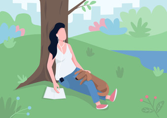 Girl resting in park flat color vector illustration. Woman in headphones with book sitting near tree, playing with dog 2D cartoon character with lake, bushes and remote cityscape on background