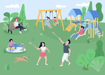 Children playground flat color vector illustration. Kids on carousel, slide and swing, people playing outdoor games, reading books 2D cartoon characters with green lawn and bushes on background