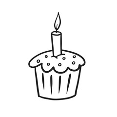 Birthday cake. Cupcake with a candle. Vector illustration in doodle style. Birthday card design.
