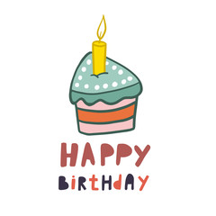 Birthday cake. Happy Birthday! Piece of cake. Vector illustration in doodle style. Cake with candles.