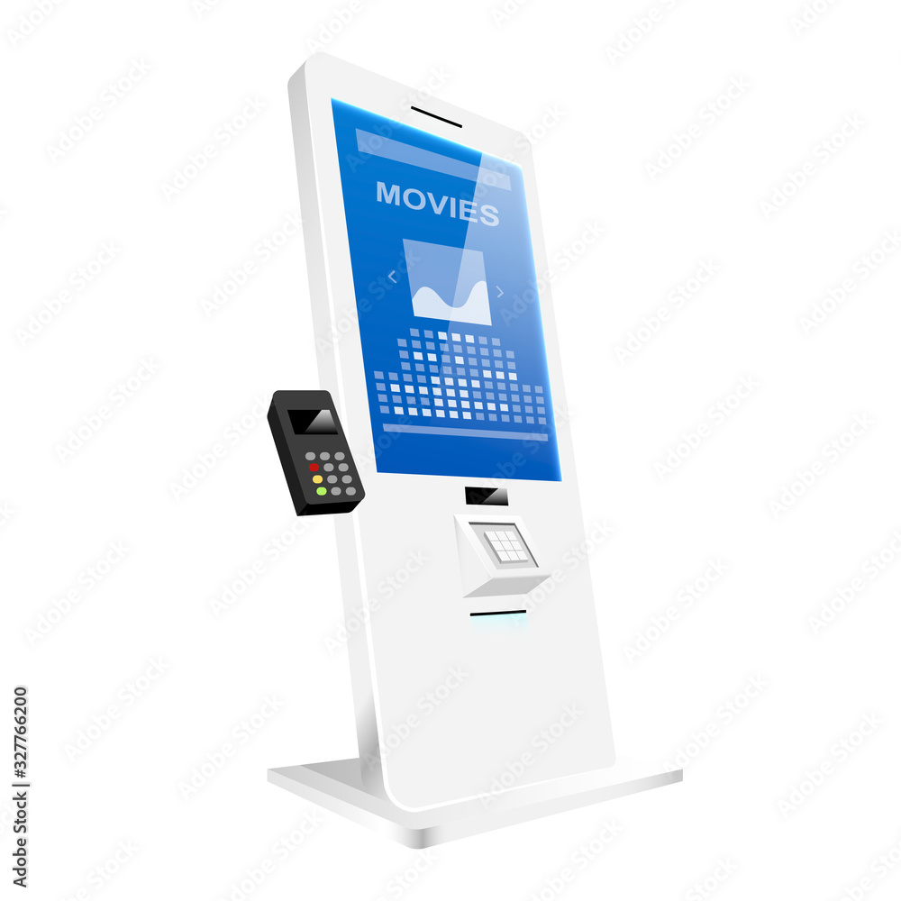 Poster self service ticket counter realistic vector illustration. entertainment kiosk flat color object. ci