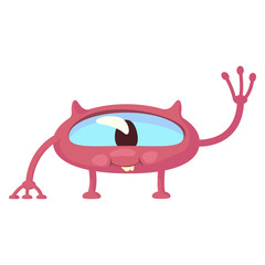 Smiling pink alien flat cartoon vector illustration. Cute extraterrestrial waving hand. Ready to use 2d character template for commercial, animation, printing design. Isolated comic hero