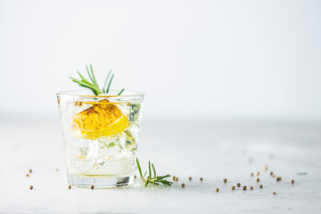 Charred Lemon, Rosemary and Coriander Gin and Tonic is a flavors are perfectly balanced refreshing cocktail. on light background, close up. Summer drinks and alcoholic cocktails - obrazy, fototapety, plakaty