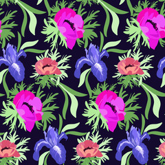 Floral bright seamless pattern with  flowers irises, anemones  and leaves on dark background for use as textile, fabric, wrapping paper, web