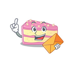 Happy face strawberry slice cake mascot design with envelope