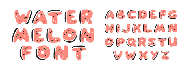 Cartoon vector illustration fruits font. Hand drawn drawing vegetarian food. Actual Creative Vegan art work. Watermelon ABC and word 