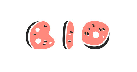Cartoon vector illustration fruits font. Hand drawn drawing vegetarian food. Actual Creative Vegan art work. Watermelon ABC and word 