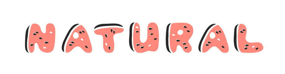 Cartoon vector illustration fruits font. Hand drawn drawing vegetarian food. Actual Creative Vegan art work. Watermelon ABC and word 