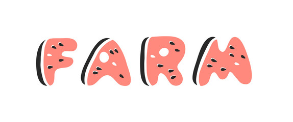 Cartoon vector illustration fruits font. Hand drawn drawing vegetarian food. Actual Creative Vegan art work. Watermelon ABC and word 