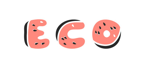 Cartoon vector illustration fruits font. Hand drawn drawing vegetarian food. Actual Creative Vegan art work. Watermelon ABC and word 