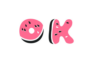 Cartoon vector illustration fruits font. Hand drawn drawing vegetarian food. Actual Creative Vegan art work. Watermelon ABC and word 