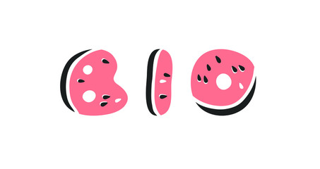 Cartoon vector illustration fruits font. Hand drawn drawing vegetarian food. Actual Creative Vegan art work. Watermelon ABC and word 