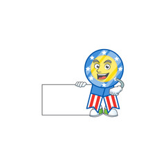 Cute funny USA medal cartoon character having a board