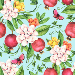  Seamless watercolor pattern with flowers and pomegranates.