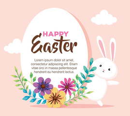 happy easter card with rabbit and flowers decoration vector illustration design