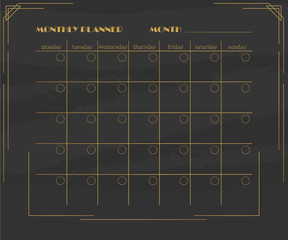 Art deco monthly planner on a dark background.