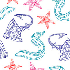 Hand drawn vector background of aquatic animals. Doodle style illustration. Seamless pattern. Marine theme.