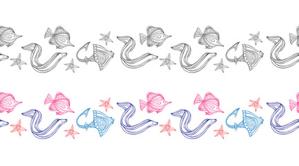 Hand drawn marine inhabitants coloring vector border for children and adults. Design elements for wallpapers, postcards and posters. Aquatic animals.