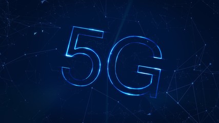 New 5G Digital Broadcast Connection on blue Background with Lines and Shapes form a futuristic Network of Data Power.