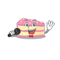 Happy strawberry slice cake singing on a microphone