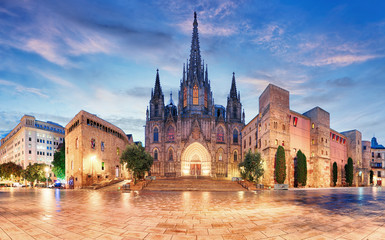 Panorama of Cathedral of the Holy Cross and Saint Eulalia in the Morning, Barri Gothic Quarter, Barcelona, Catalonia - obrazy, fototapety, plakaty