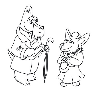 Geltelman Scottish terrier talking to lady Corgi. Dogs are expressing love and happyness. Lovely cartoon characters isolated on background. Vector illustration for greeting card, poster, kids clothes