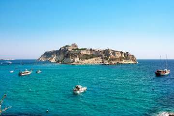 Tremiti archipelago , Adriatic sea, Apulia, Italy - August 5 2018: tourist boats near the island of...