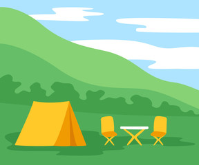 Camping on summer day, traveling with tent. Picnic in nature, hiking, tourism. Vector illustration