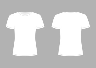 Womens white t-shirt with short sleeve. Shirt mockup in front and back view. Vector template illustration