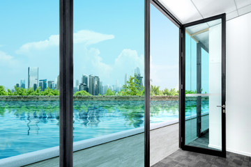 Opened glass door with pond view