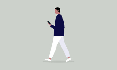Man walking while holding phone icon for communication and technology concepts