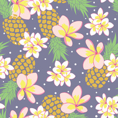 Pineapple and plumeria seamless pattern on purple background