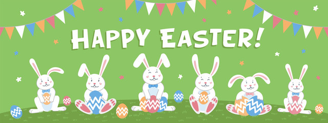 Happy easter horizontal banner or cover. Easter cartoon bunnies with eggs and happy easter inscription on green background. Flat style vector illustration