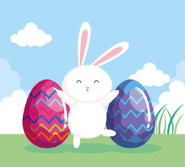 cute rabbit with eggs easter in landscape vector illustration design