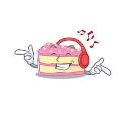 Listening music strawberry slice cake cartoon character concept