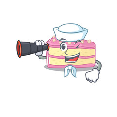 A picture of strawberry slice cake working as a Sailor with binocular