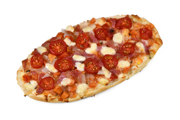 Homemade oval shaped pizzas topped with mozzarella cheese, tomato and salami sausage isolated on white background