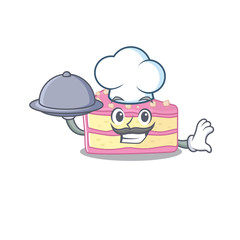 A picture of strawberry slice cake as a Chef serving food on tray