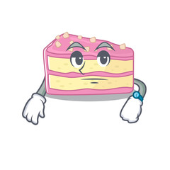 cartoon character design of strawberry slice cake on a waiting gesture