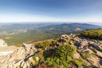 Beskid Mountains landscape, view from top of the Babia Gora Mountain in Poland