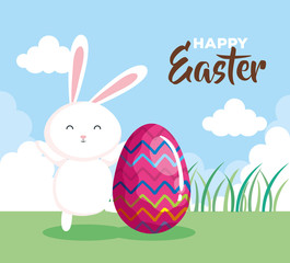happy easter card with rabbit and egg in landscape vector illustration design