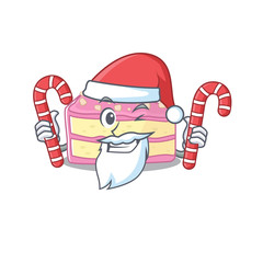 Strawberry slice cake Cartoon character wearing Santa costume bringing a candy