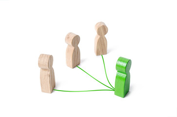 Green leader connected with people by lines. Optimization and high work efficiency. Distribution of...