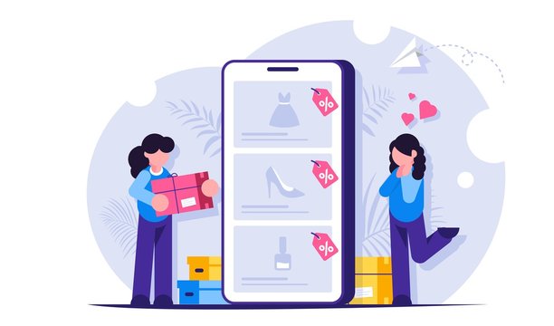 online shopping concept: women, phone, sale clip art preview