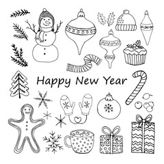 Set of Merry Christmas, Happy New Year design elements. Сoncept holidays. Hand drawn vector illustration in doodle style outline drawing isolated on white background