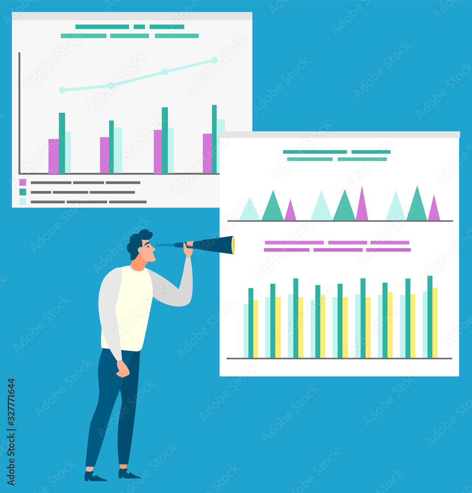 Poster person conducting business research vector, man with charts and information on screen. visual repres